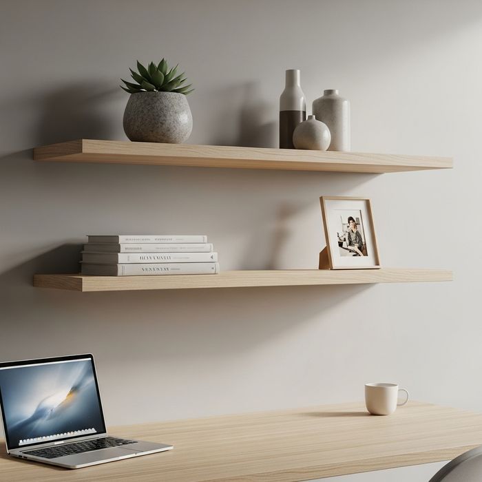 Close-up of wall-mounted floating shelves above a small desk