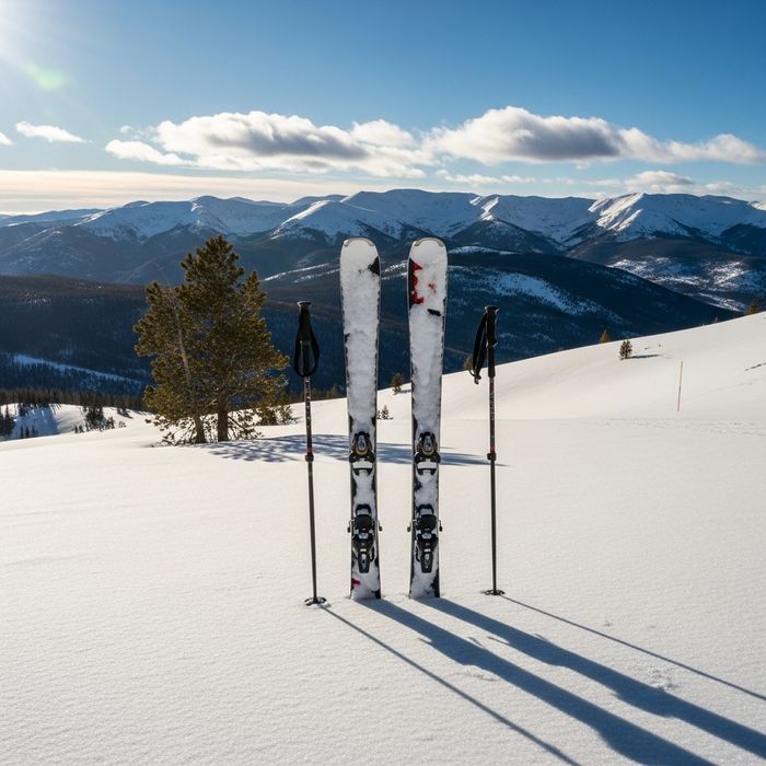 skis planted in deep, fresh powder on a sunny, vast Colorado ski slope.