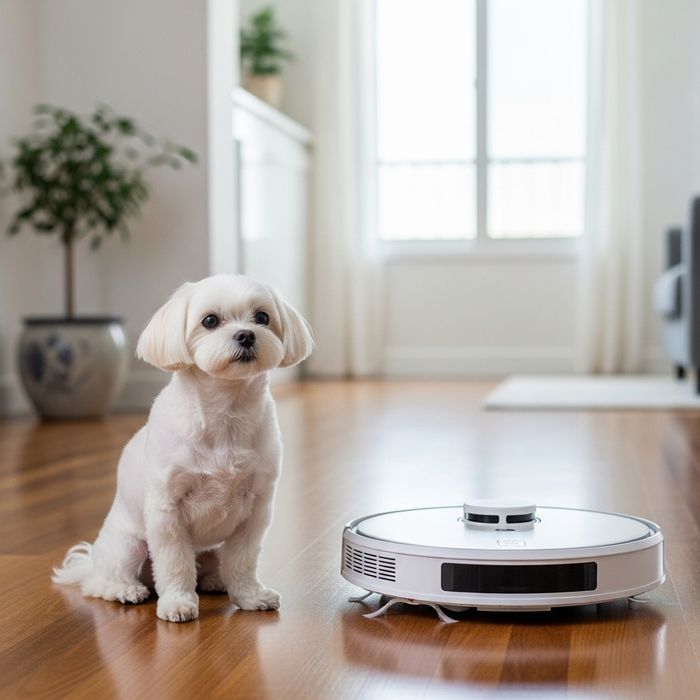 White, clean Maltese dog sitting next to a modern vacuum cleaner on a hard floor