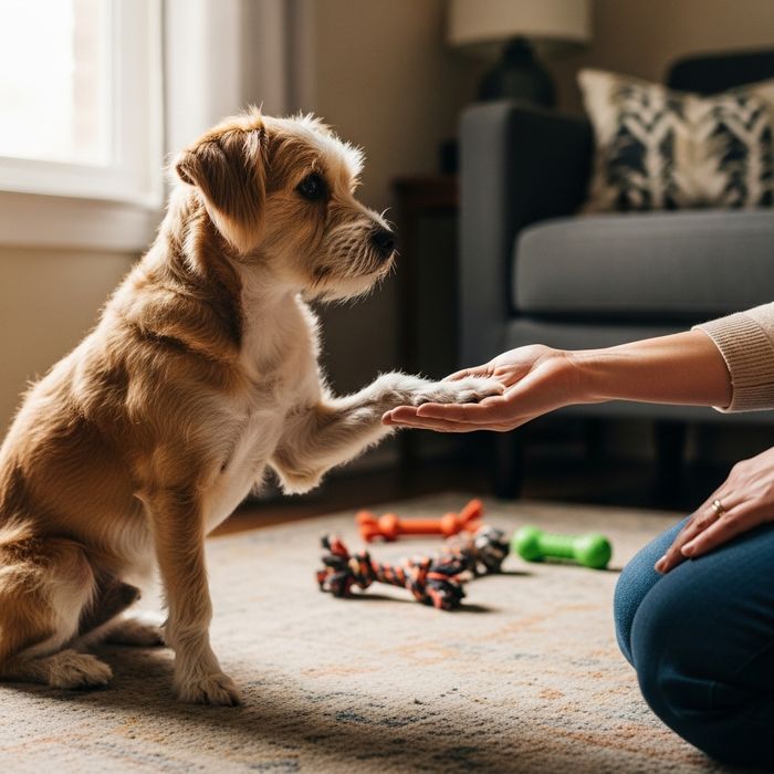dog shaking hand with owner