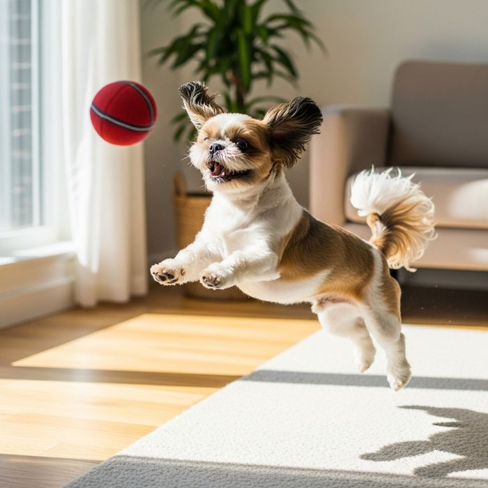Small dog playing gently indoors with a toy on a light-colored ru