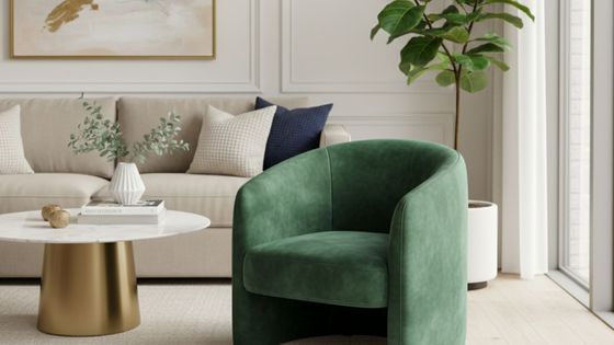 Modern apartment living room with a colorful velvet accent chair 