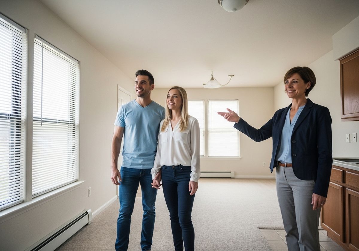 couple touring a simple empty apartment with an apartment manager