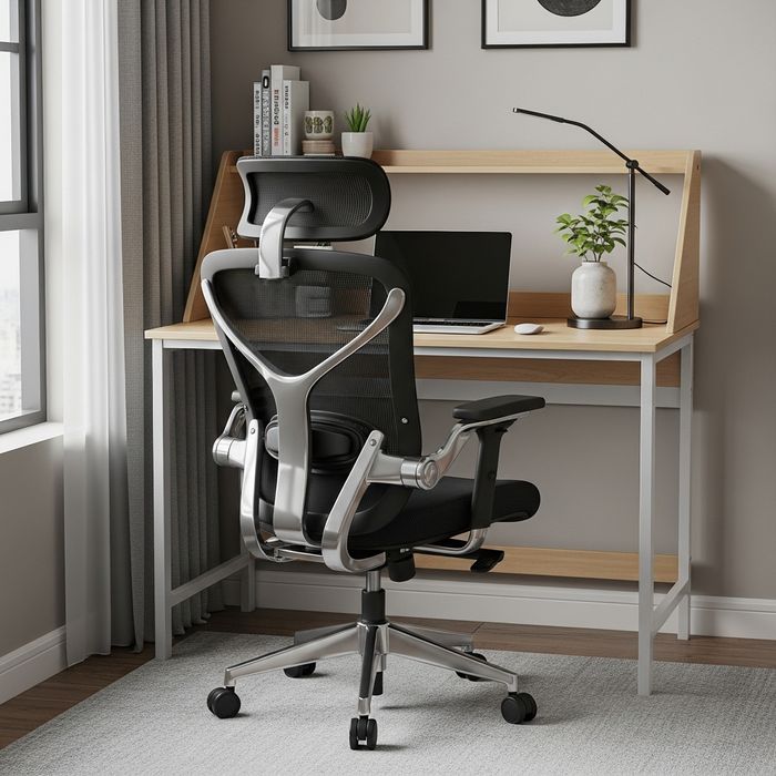 Modern ergonomic office chair with lumbar support tucked neatly under a compact desk in a small apartment space.