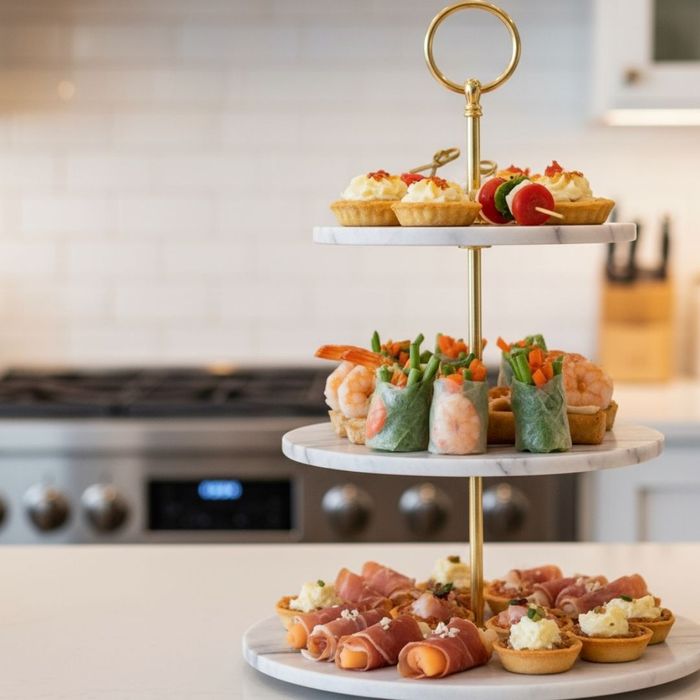 Elegant tiered serving platter holding appetizers