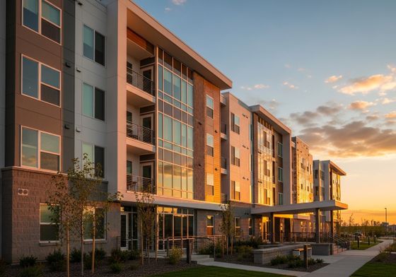 Modern apartment building exterior at sunset in Windsor, Colorado Modern apartment building exterior at sunset in Windsor, Colorado