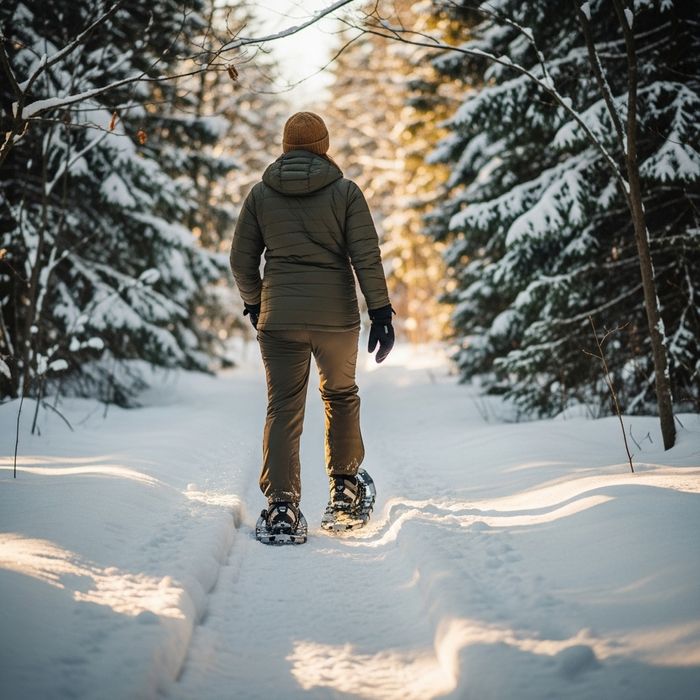 Person wearing snowshoes on a serene, snow-covered forest trail
