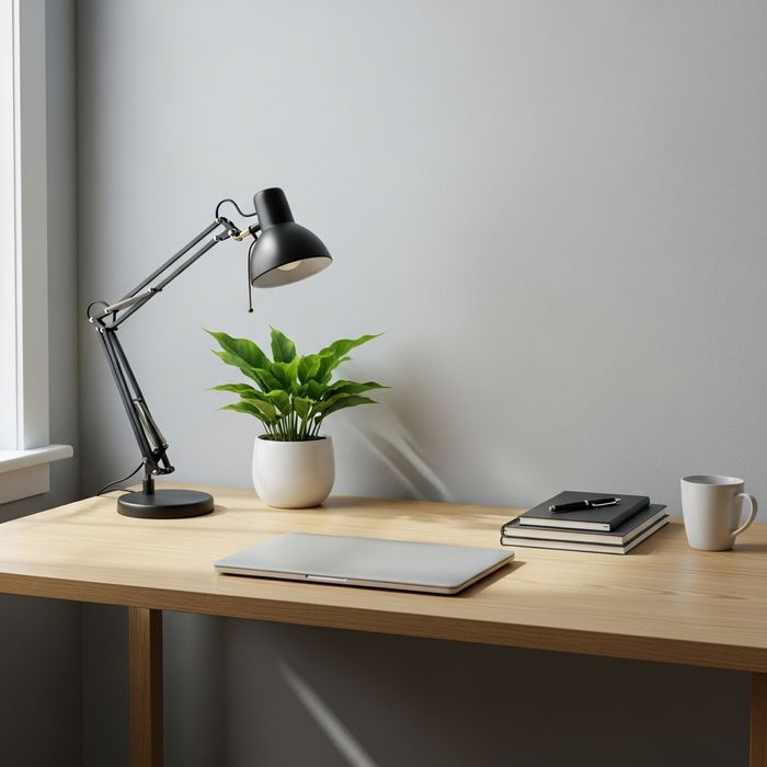 Tidy home office desk with a modern task lamp and a small green houseplant