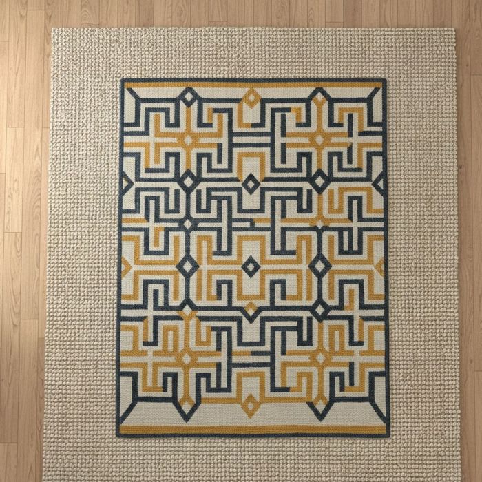 Top-down view of a stylishly layered natural jute rug and a patterned rug  Top-down view of a stylishly layered natural jute rug and a patterned rug