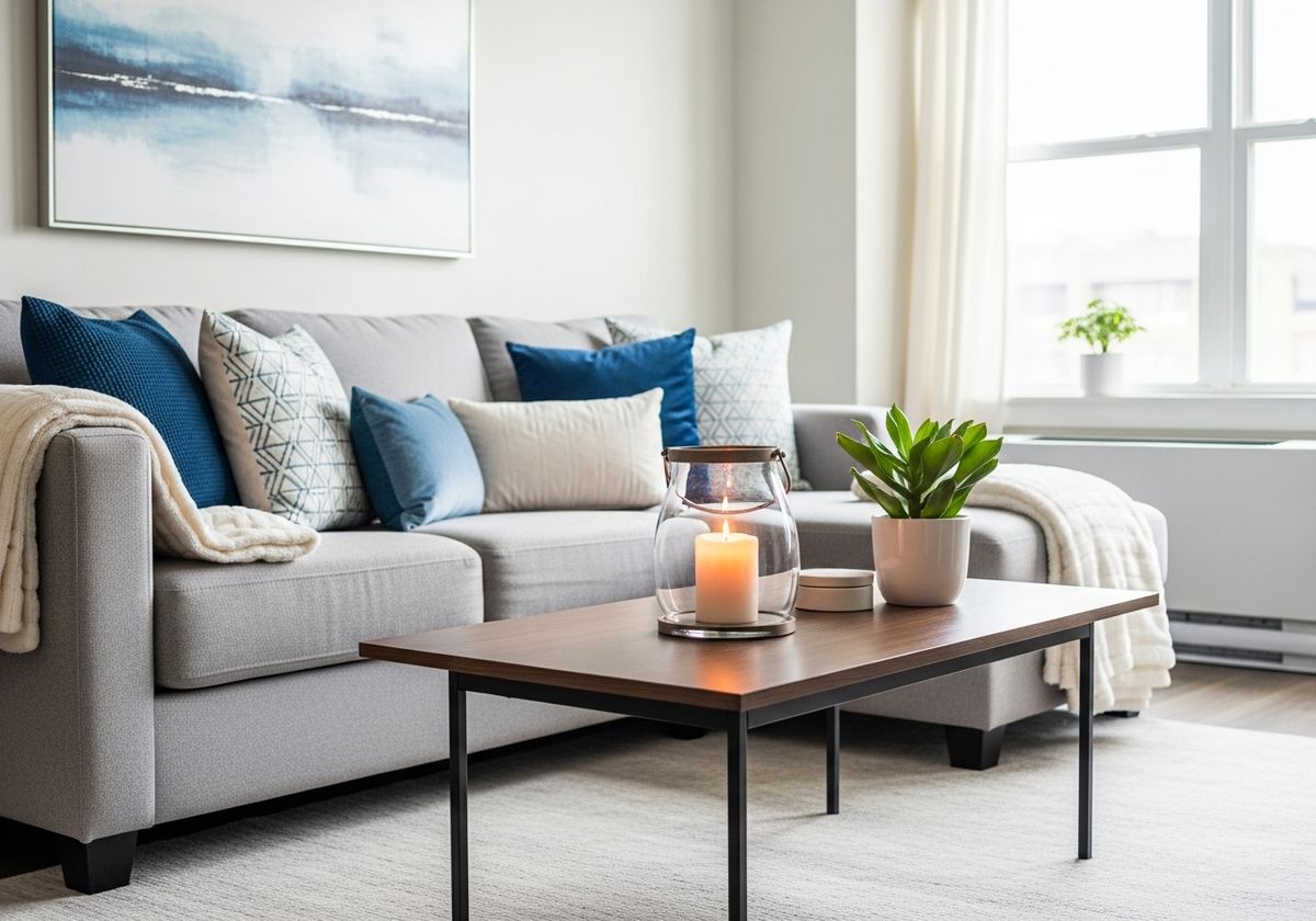 apartment living area with a couch with pillows and a coffee table with a candle