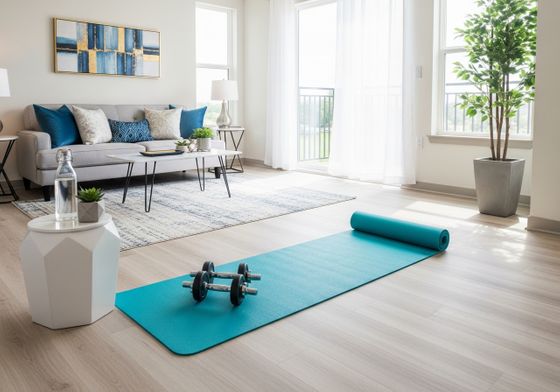 A bright and modern apartment living room with a yoga mat and weights on wood-style flooring. A bright and modern apartment living room with a yoga mat and weights on wood-style flooring.