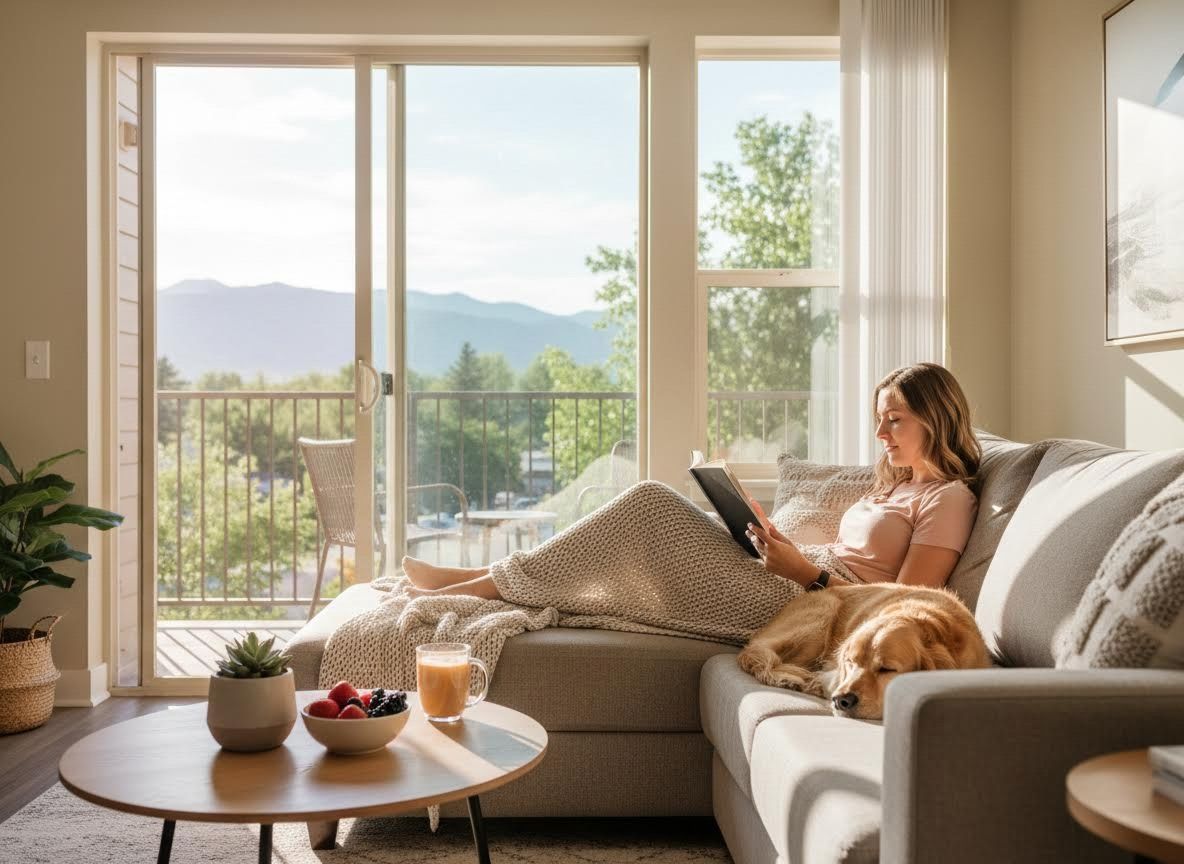 Woman and Golden Retriever Relaxing on Sofa with Mountain View