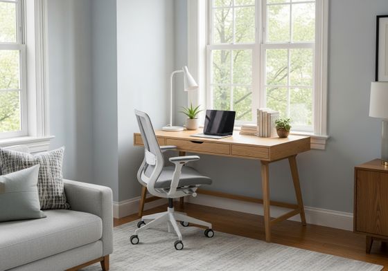 Modern home office desk tucked into a bright corner of an apartment living room Modern home office desk tucked into a bright corner of an apartment living room