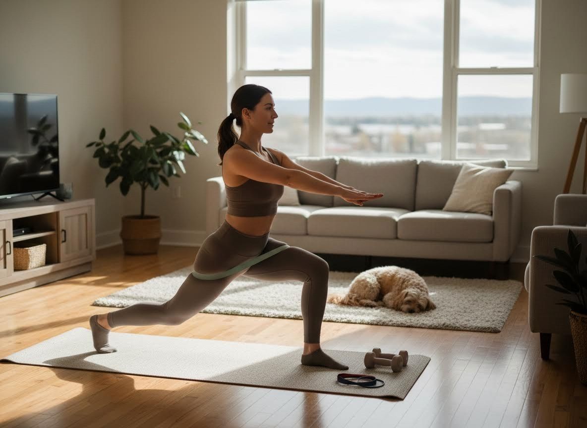 Woman Exercising with Resistance Band at Home
