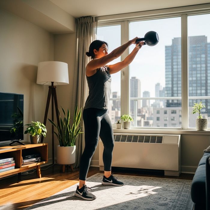 a person using a kettlebell in an apartment