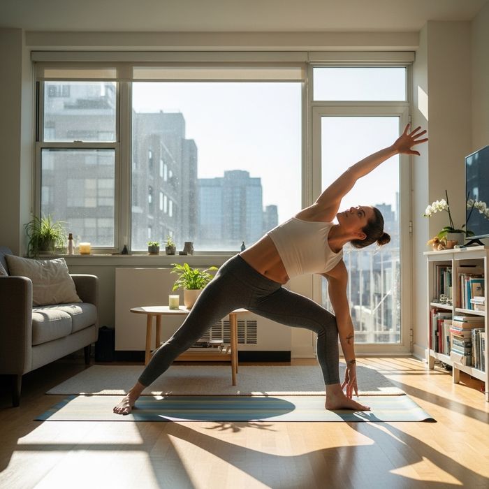 a person doing yoga in an apartment