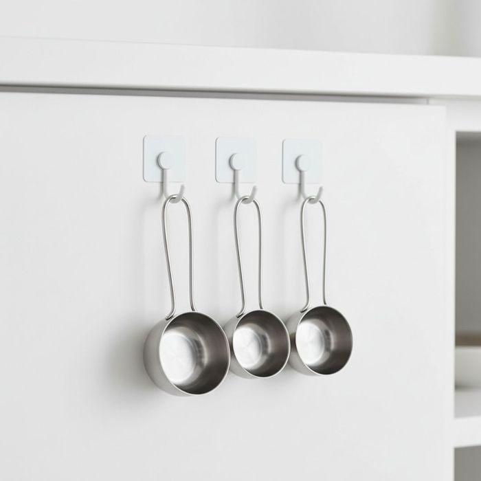 measuring cups hanging on hooks