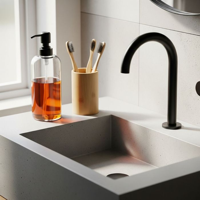 A modern bathroom sink area featuring a refillable glass soap dispenser and bamboo toothbrushes in a holder A modern bathroom sink area featuring a refillable glass soap dispenser and bamboo toothbrushes in a holder