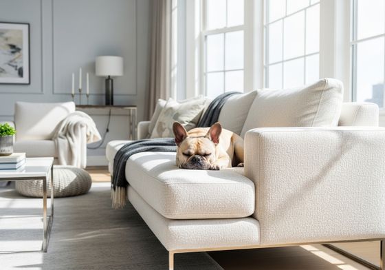 Calm French Bulldog resting on a modern, plush sofa in a sunlit, high-end apartment living room