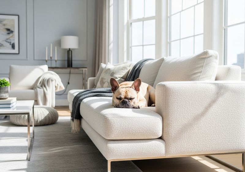 Calm French Bulldog resting on a modern, plush sofa in a sunlit, high-end apartment living room