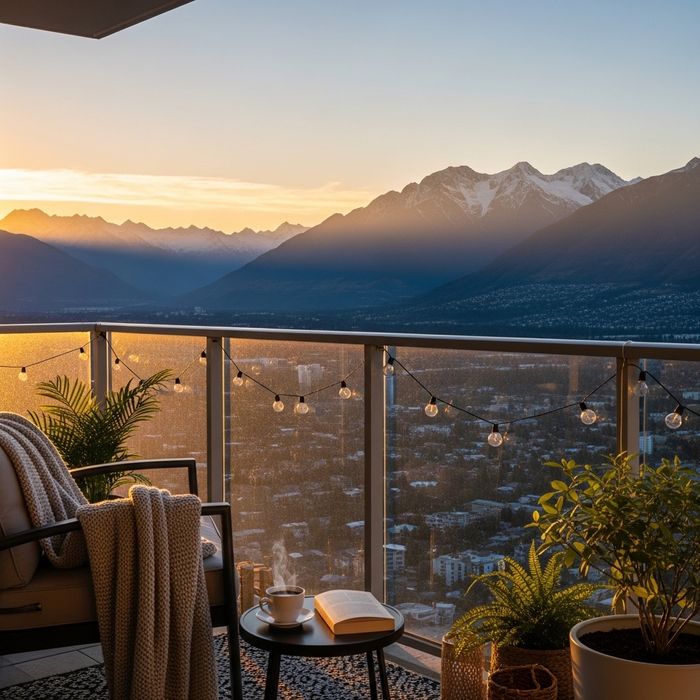 apartment balcony overlooking distant mountains