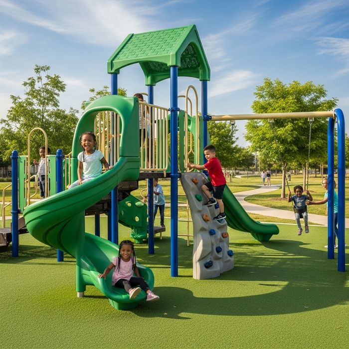 Modern playground equipment and kids playing