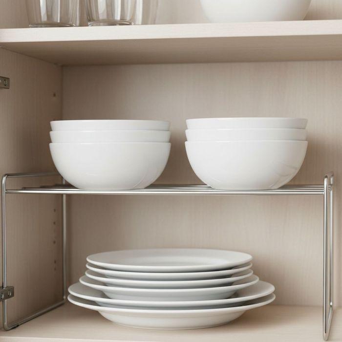 shelf risers with plates and bowls