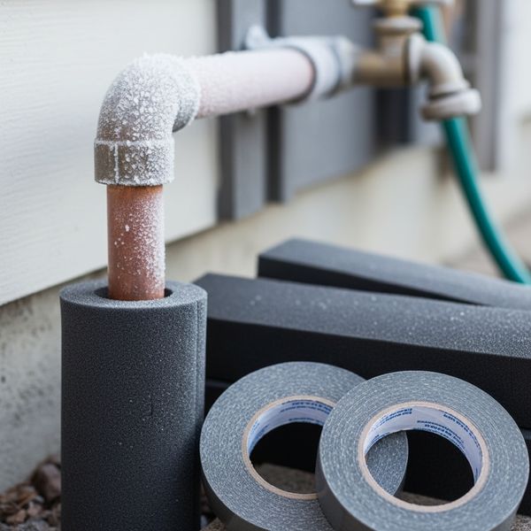 outdoor water pipe covered in frost with rolls of insulation tape outdoor water pipe covered in frost with rolls of insulation tape