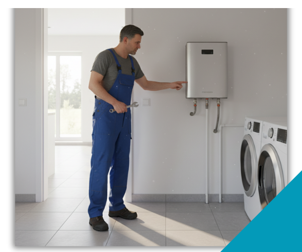 a plumber looking concerned while inspecting a tankless water heater a plumber looking concerned while inspecting a tankless water heater