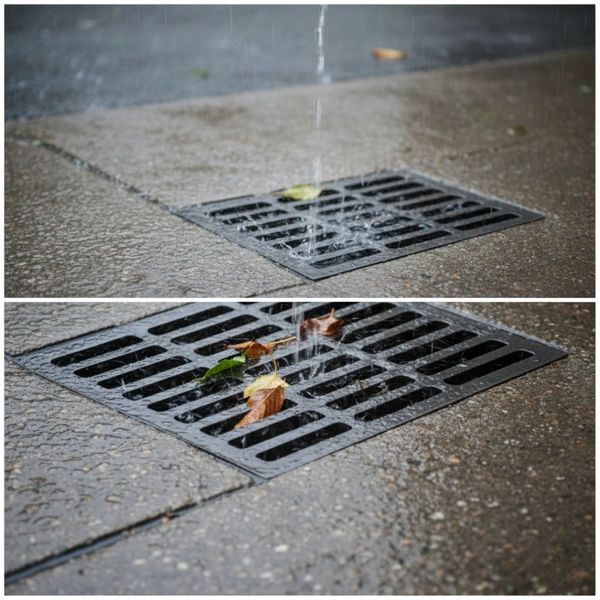 Rainwater flows into a storm drain with a few fallen leaves resting on the grate. Rainwater flows into a storm drain with a few fallen leaves resting on the grate.
