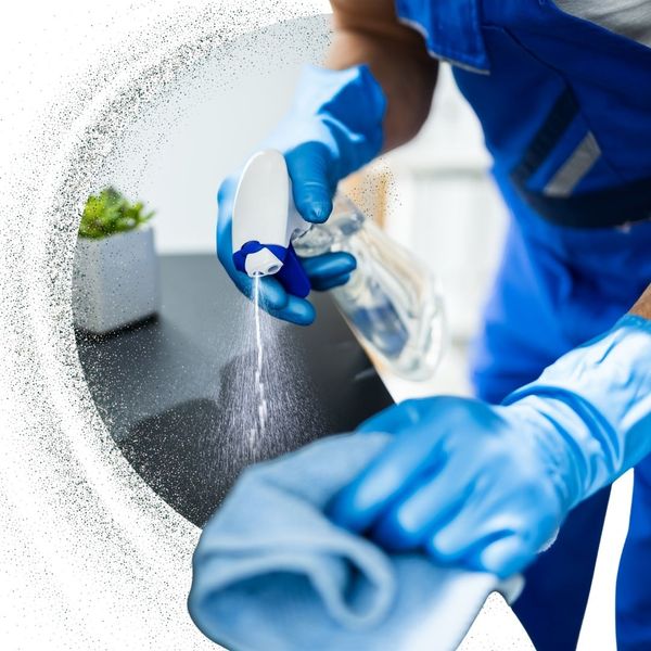 cleaner sprays cleaner from bottle with a towel in hand 