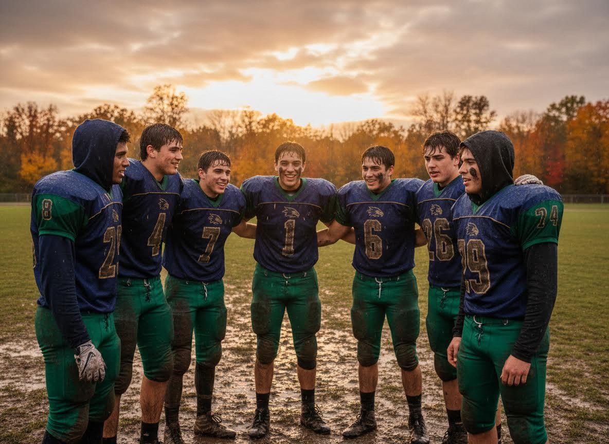 High school football team on muddy field at sunset
