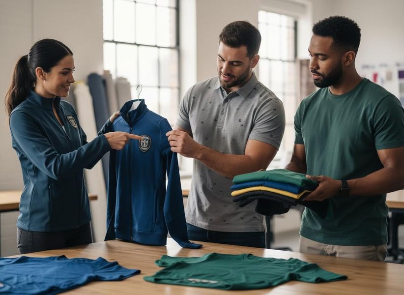 Three colleagues review a blue custom embroidered jacket and a stack of colorful branded t-shirts on a wooden table in a studio. Team discussing custom branded apparel