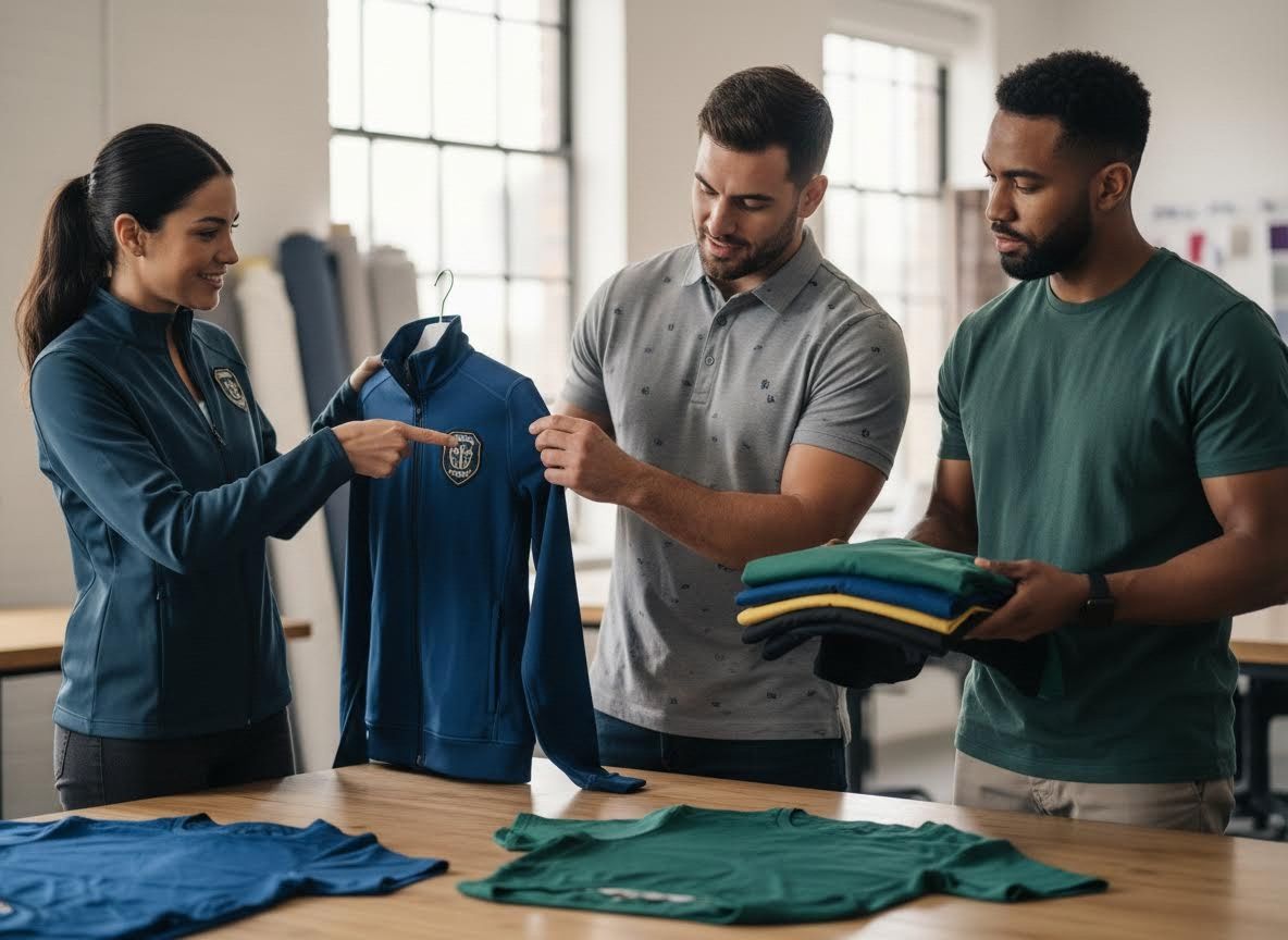 Team discussing custom branded apparel