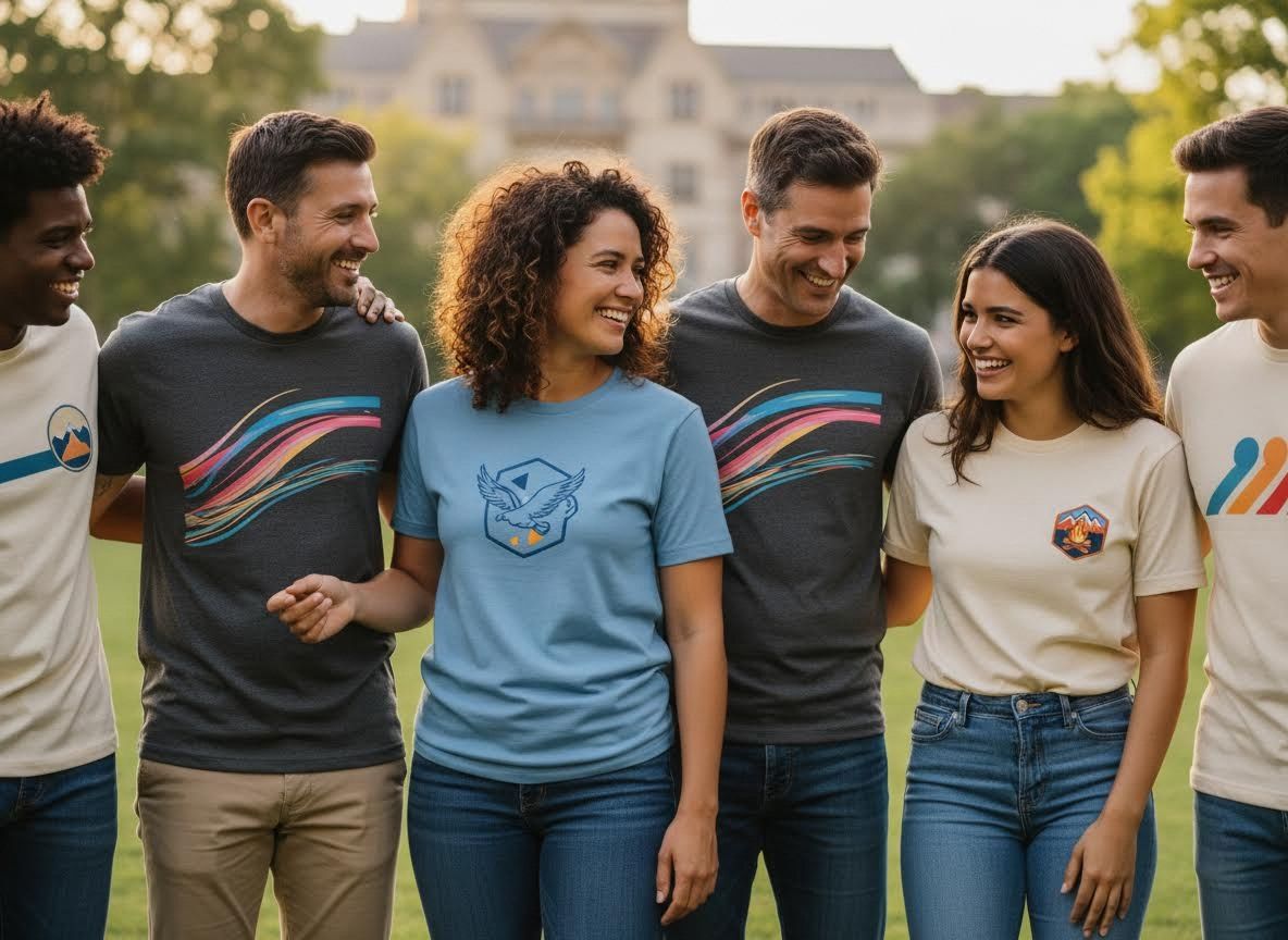 Diverse Group Smiling in Graphic T-Shirts Outdoors