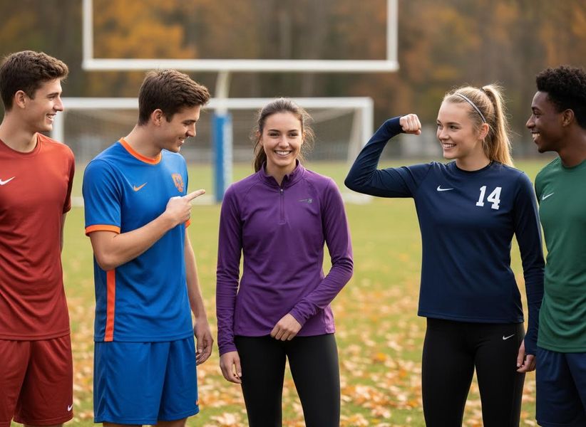 Five smiling young athletes, two girls and three boys, in various colored athletic wear, stand on an outdoor sports field during autumn. One girl flexes her bicep. Group of Young Athletes on a Fall Sports Field