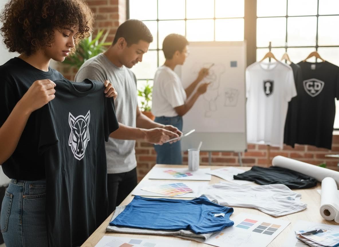 Creative team designing custom t-shirts with logos