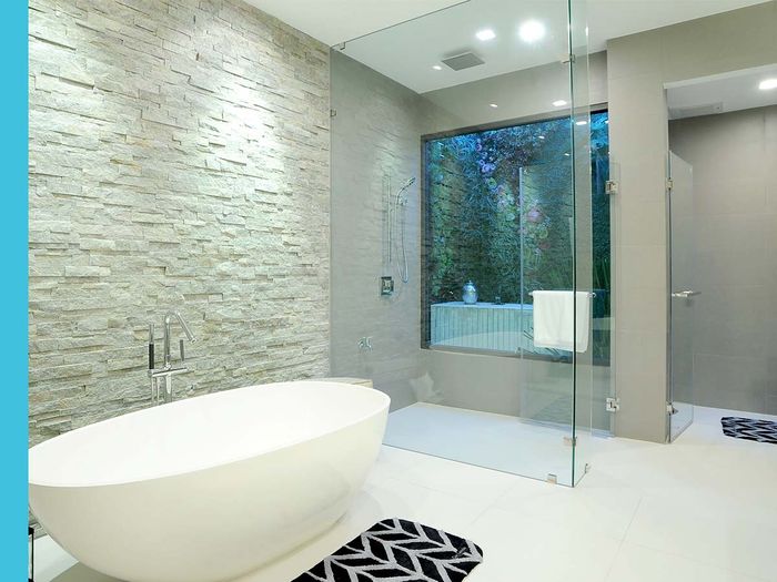 fancy bathroom with standalone tub