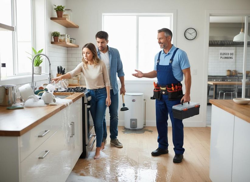 Plumber Assisting Couple with Flooded Kitchen Sink