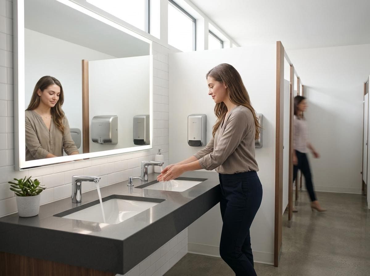 Woman Washing Hands in Modern Public Restroom
