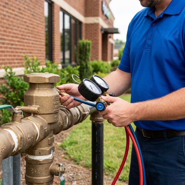A plumber performing a backflow prevention test on a commercial property's water main connection, showing commercial and residential maintenance capabilities.