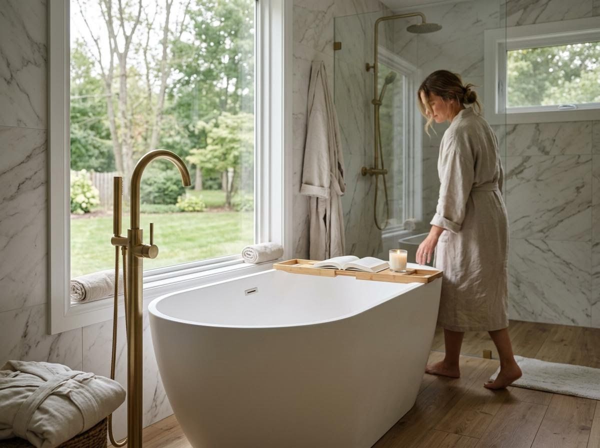 Woman in a modern bathroom with a freestanding tub