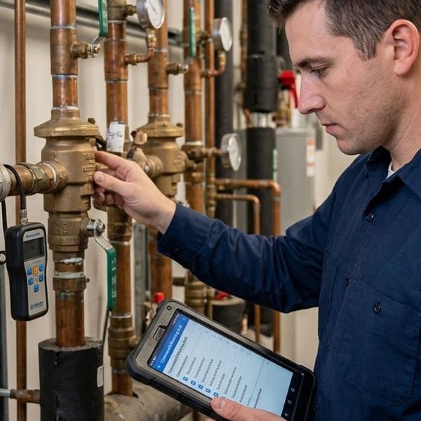 A technician inspecting the pipe system of a building