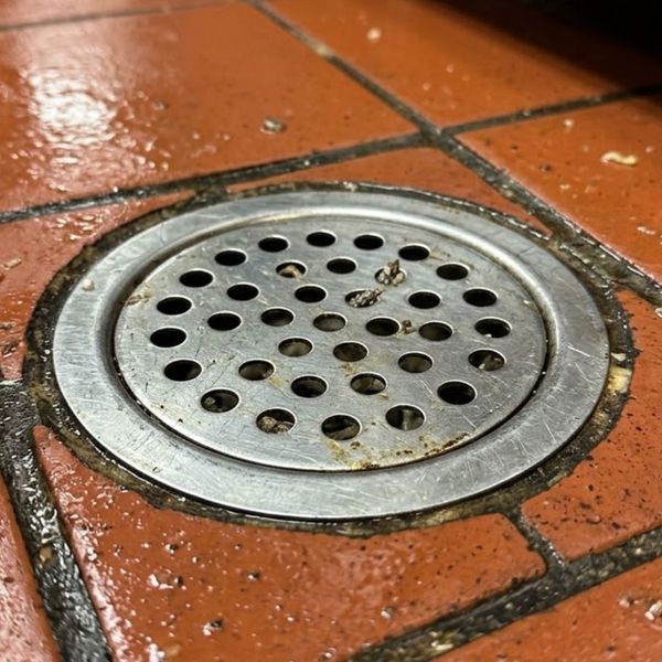 A close up of a drain on the floor of a kitchen restuaraunt