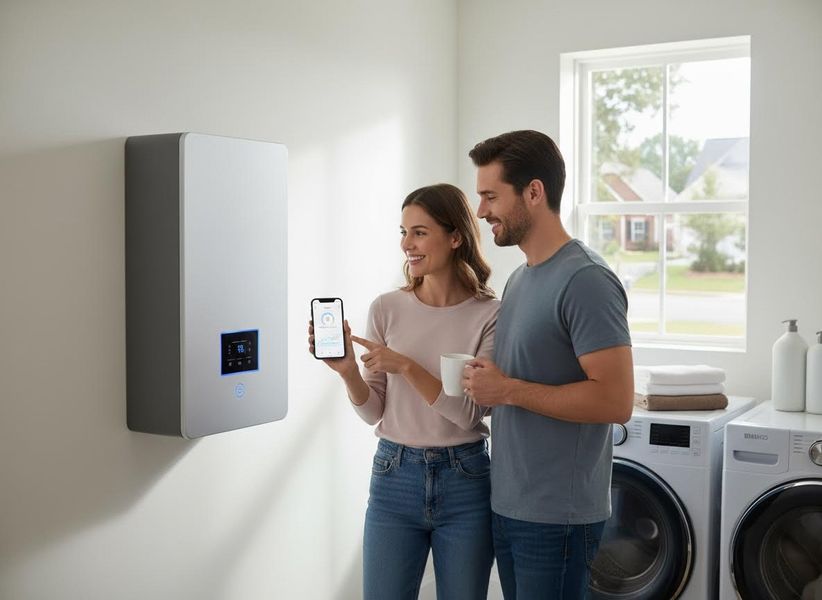 Couple monitoring smart home appliance in laundry room