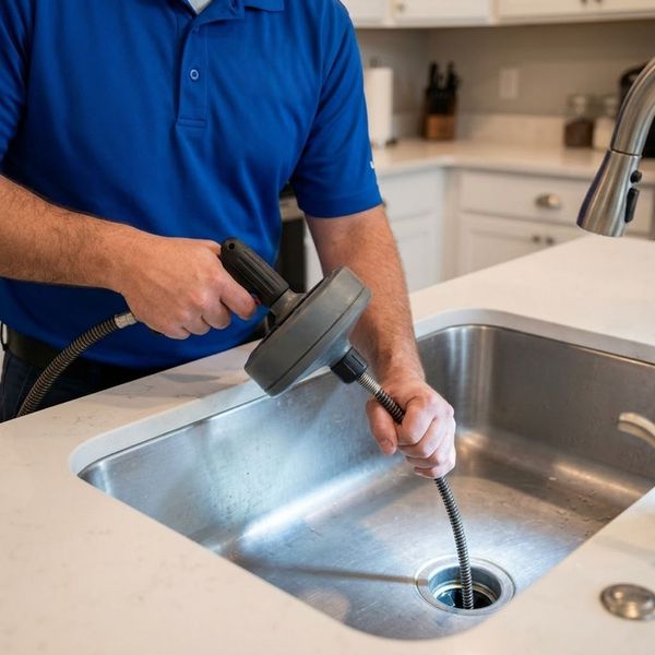 A plumber using a drain snake tool to clear a stubborn clog in a kitchen sink, emphasizing expert drain cleaning services in Adams and Pleasant View.