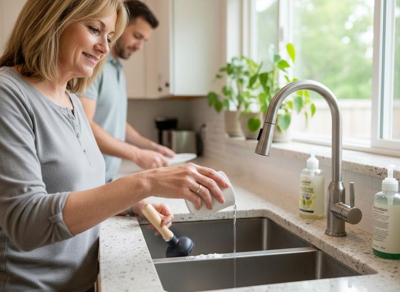 Woman cleaning kitchen sink with drain powder and plunger
