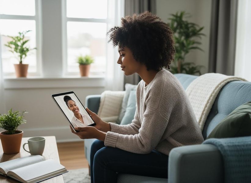A young woman sits on a sofa, engaged in a video call with another woman displayed on her tablet. A cozy living room scene. Woman Video Calling on Tablet in Living Room