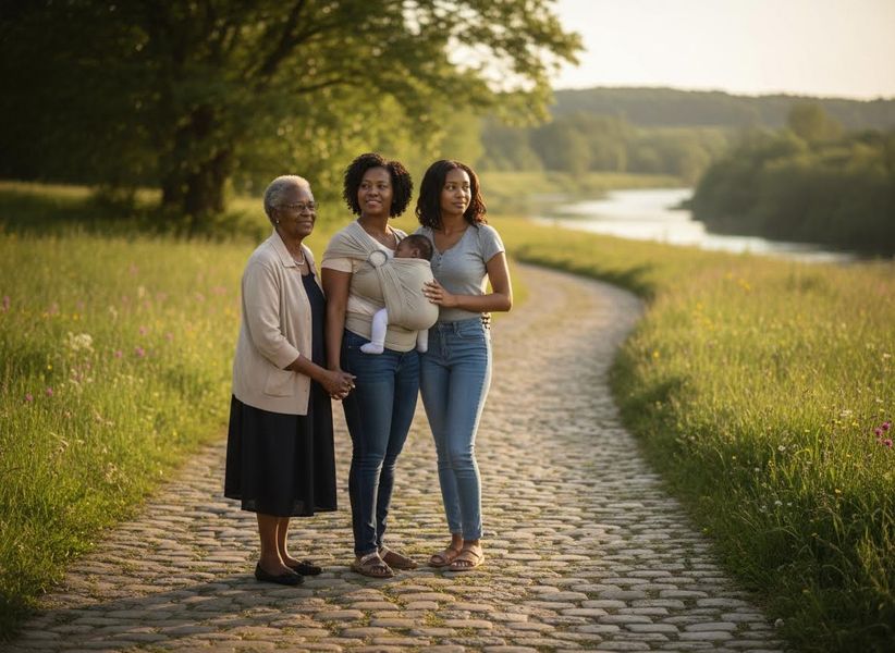 Generations of Black Women Walking with Baby in Nature