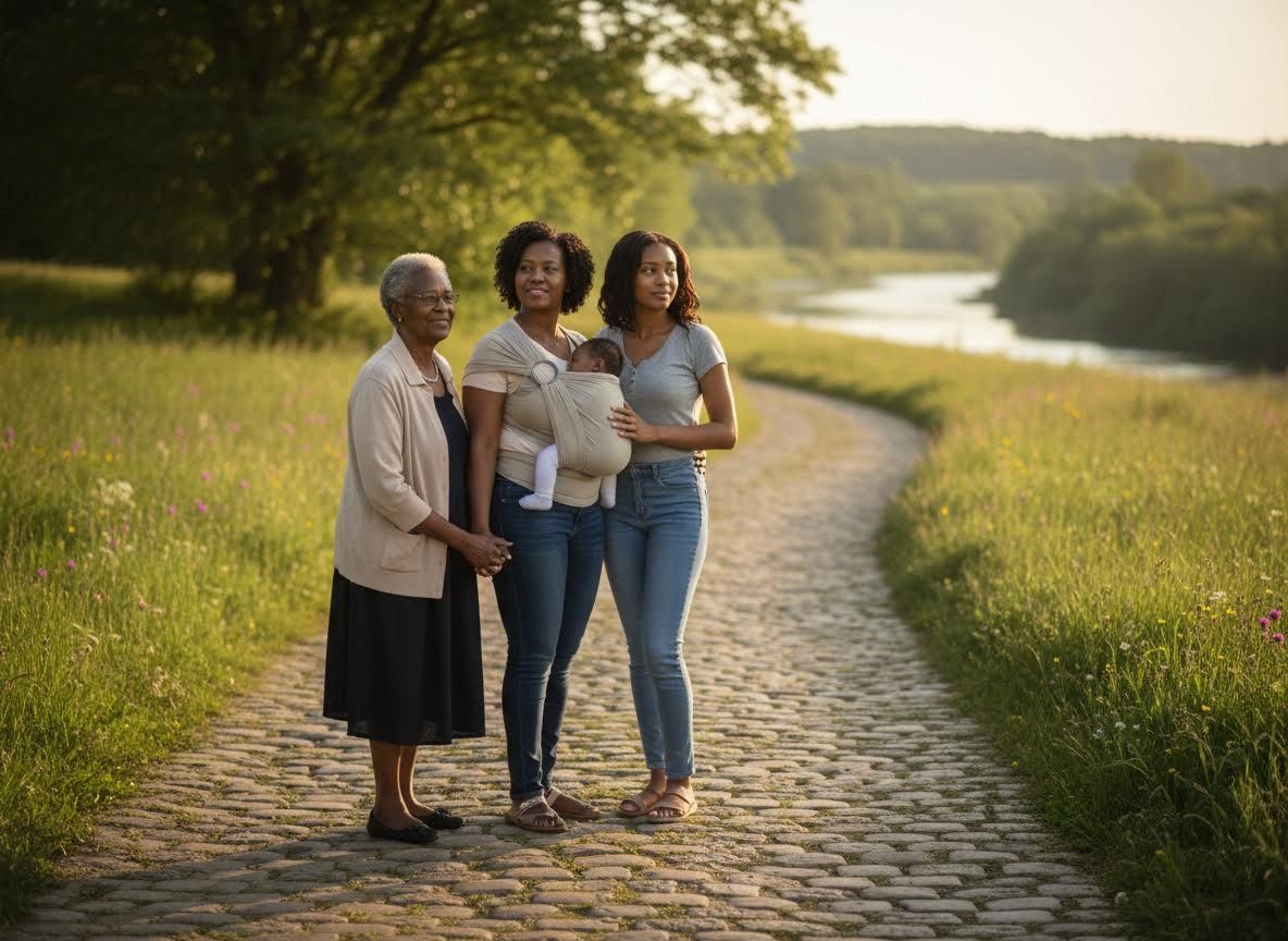 Generations of Black Women Walking with Baby in Nature